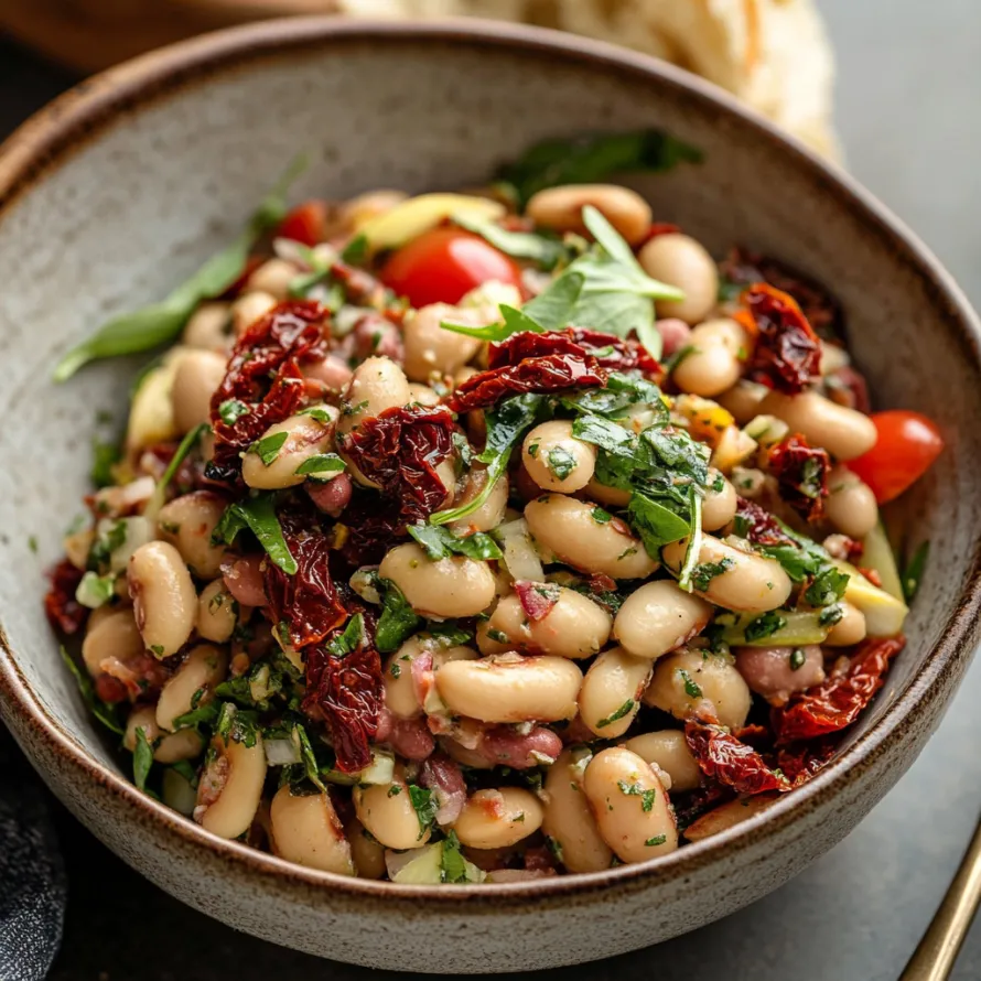 A bowl of food with tomatoes, beans, and lettuce.