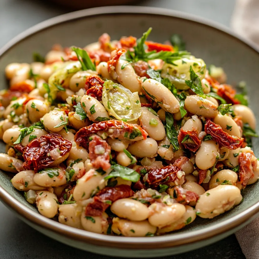A bowl of food with beans, tomatoes, and other vegetables.