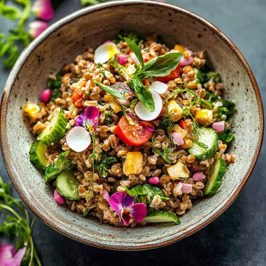 A bowl of rice with vegetables and flowers.