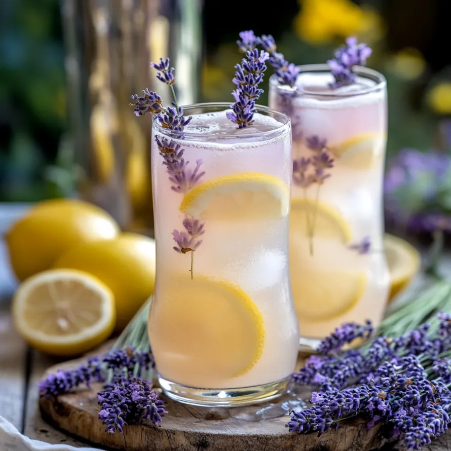 Two glasses of lemonade with lemon slices in them.