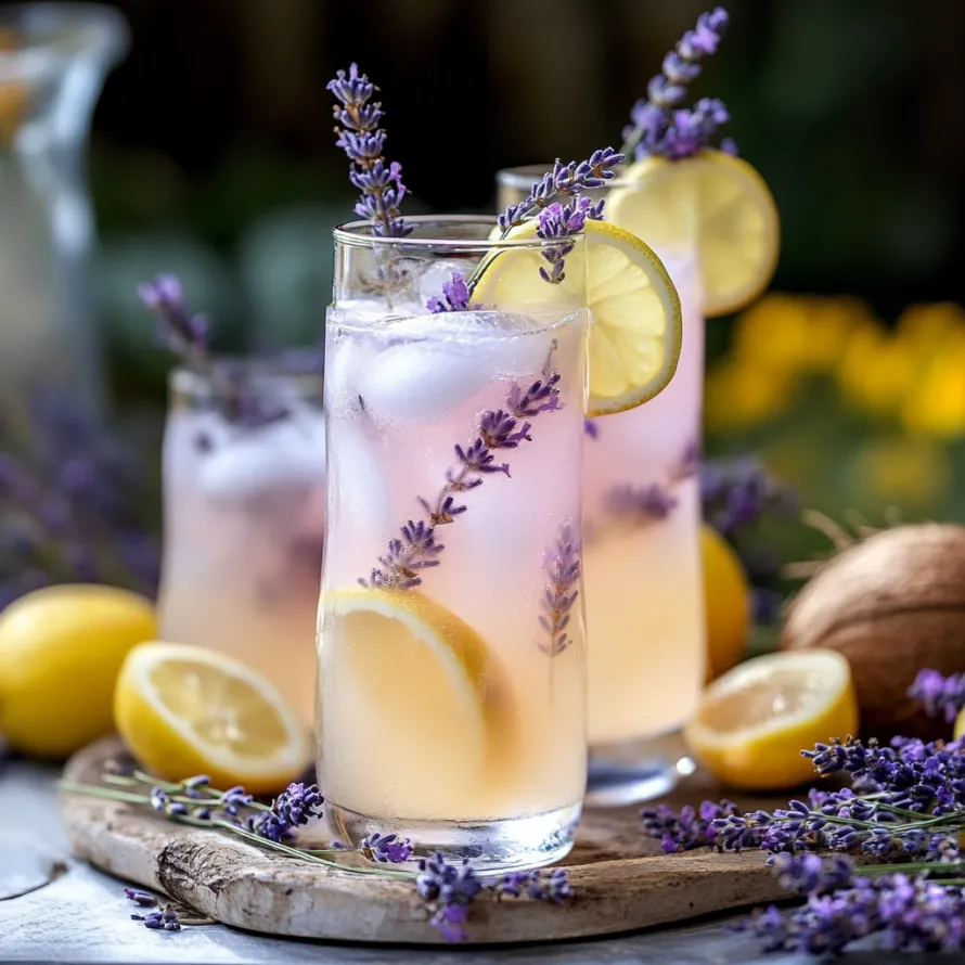 Two glasses of lemonade with lavender stems in them.