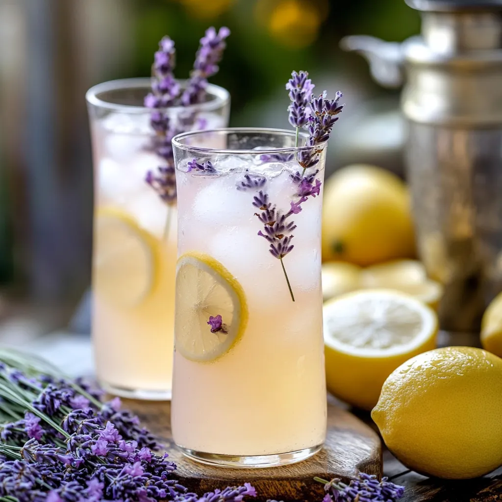 Two glasses of lemonade with lavender flowers in them.