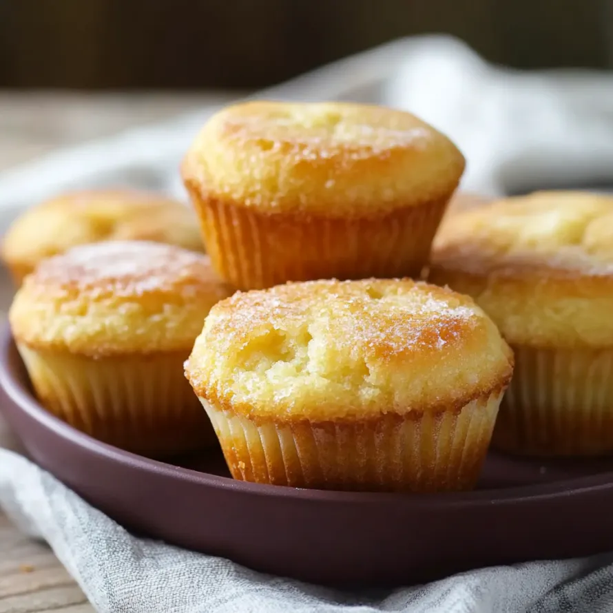 A plate of muffins with powdered sugar on top.