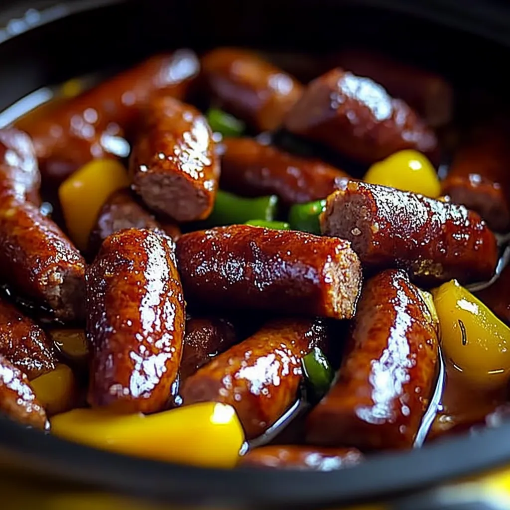 A bowl of sausage and peppers.