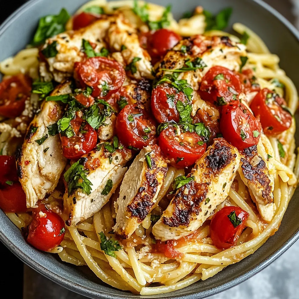 A bowl of pasta with chicken and tomatoes.