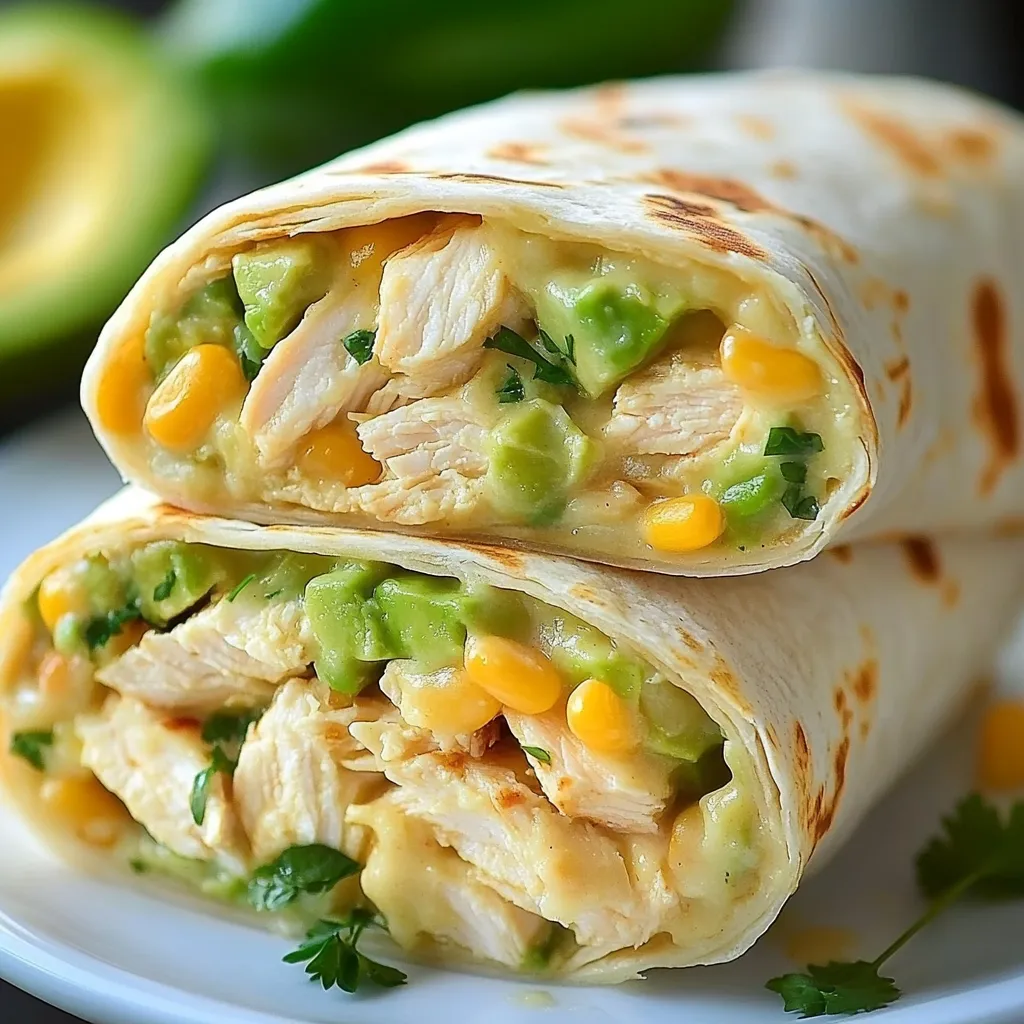 A chicken burrito with avocado and corn.