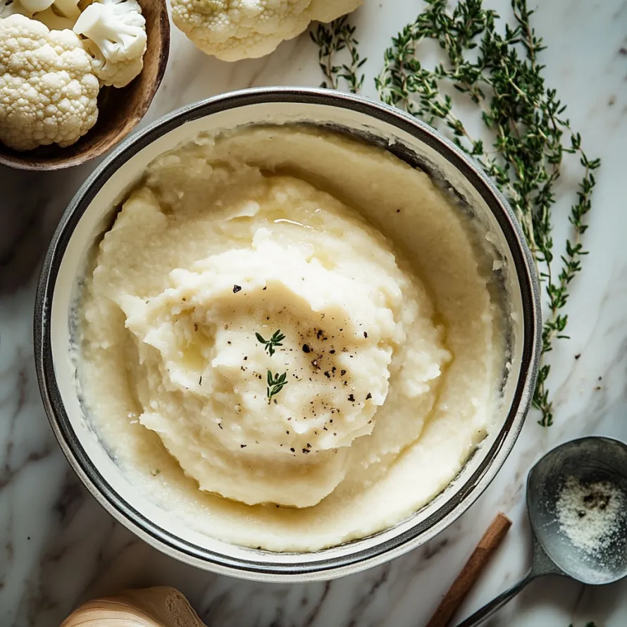A bowl of mashed potatoes with a sprig of thyme on top.