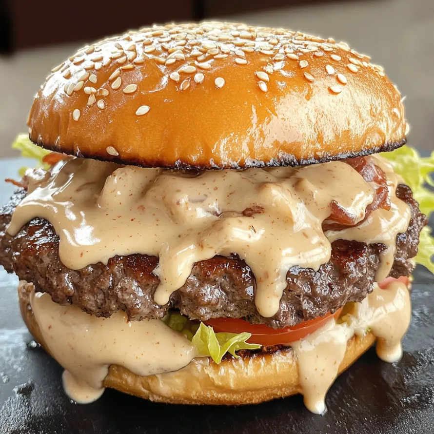 A burger with a bun and a sauce.