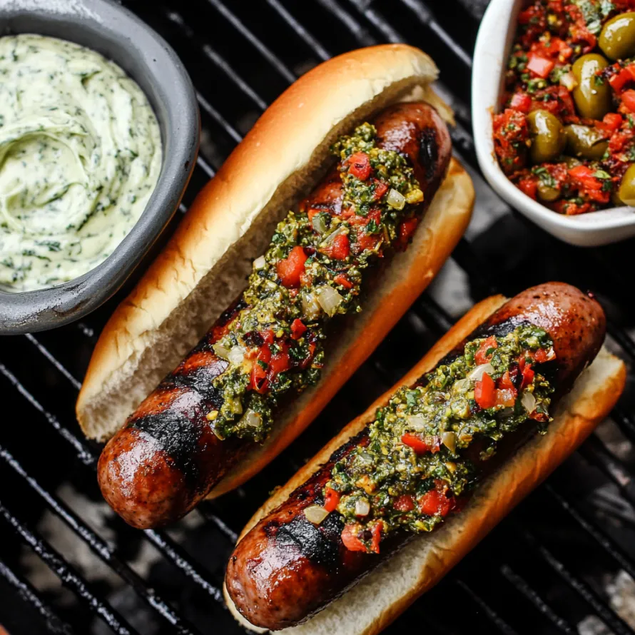 Two hot dogs with toppings on a grill.