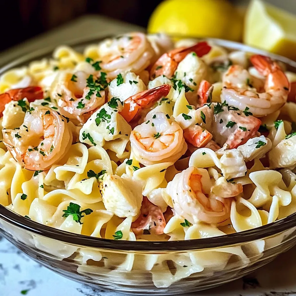 A bowl of shrimp and pasta.