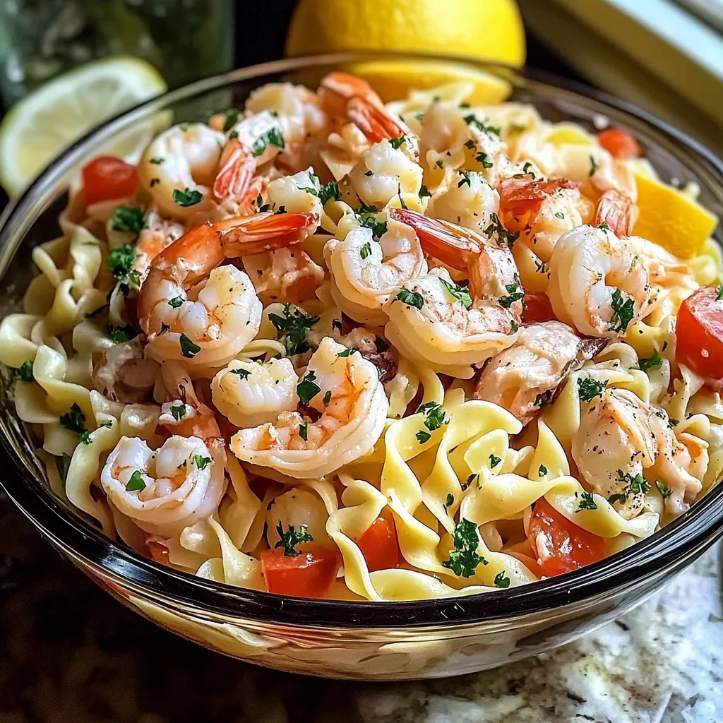 A bowl of shrimp and pasta.