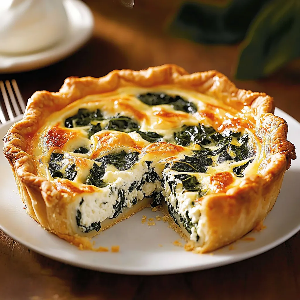 A slice of spinach quiche on a white plate.