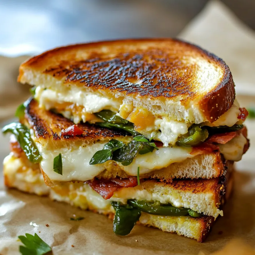 A sandwich with bacon, cheese, and lettuce.