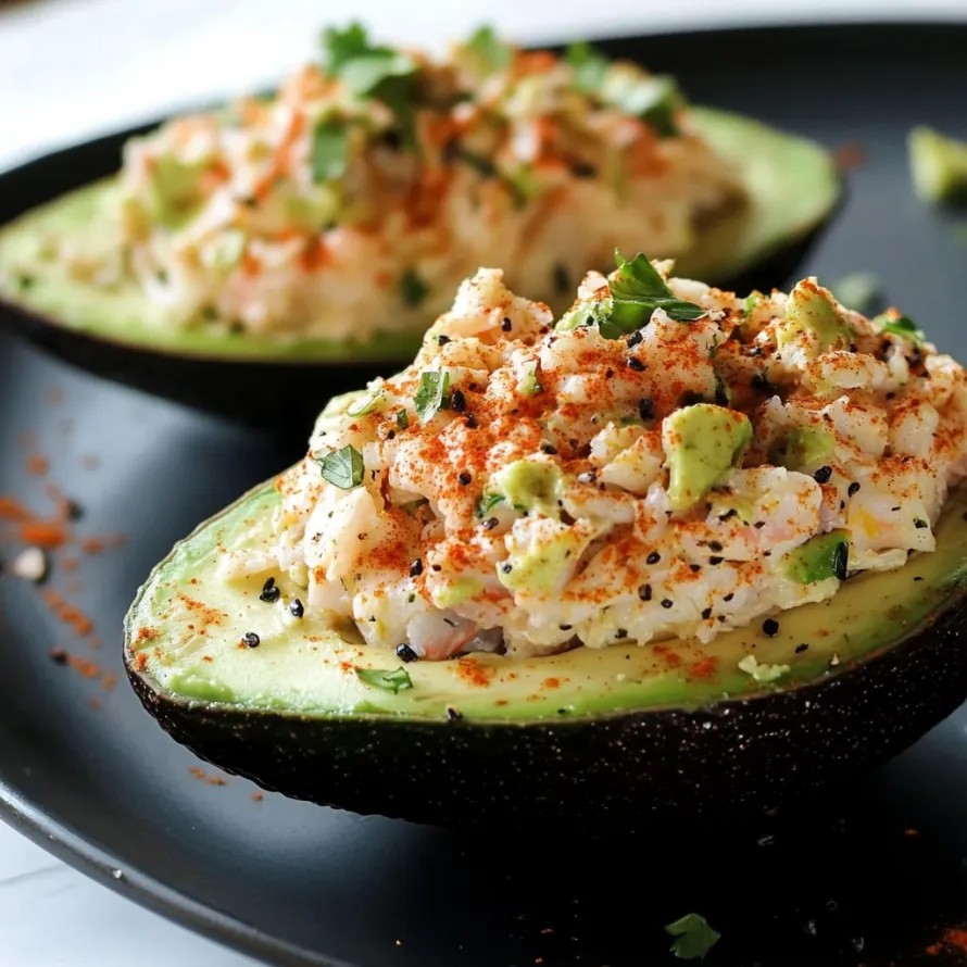 Two avocado halves with a salad in them.