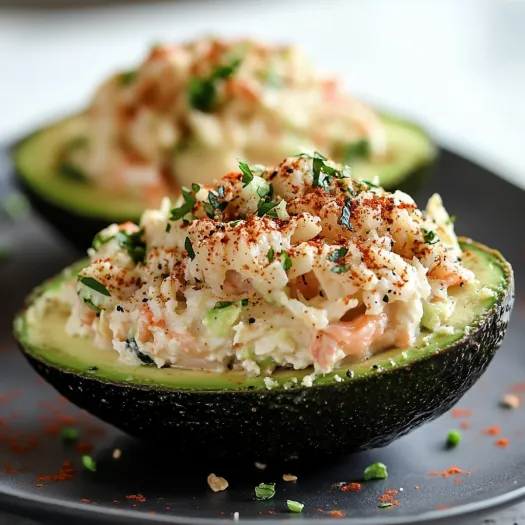 A plate of food with two avocados.