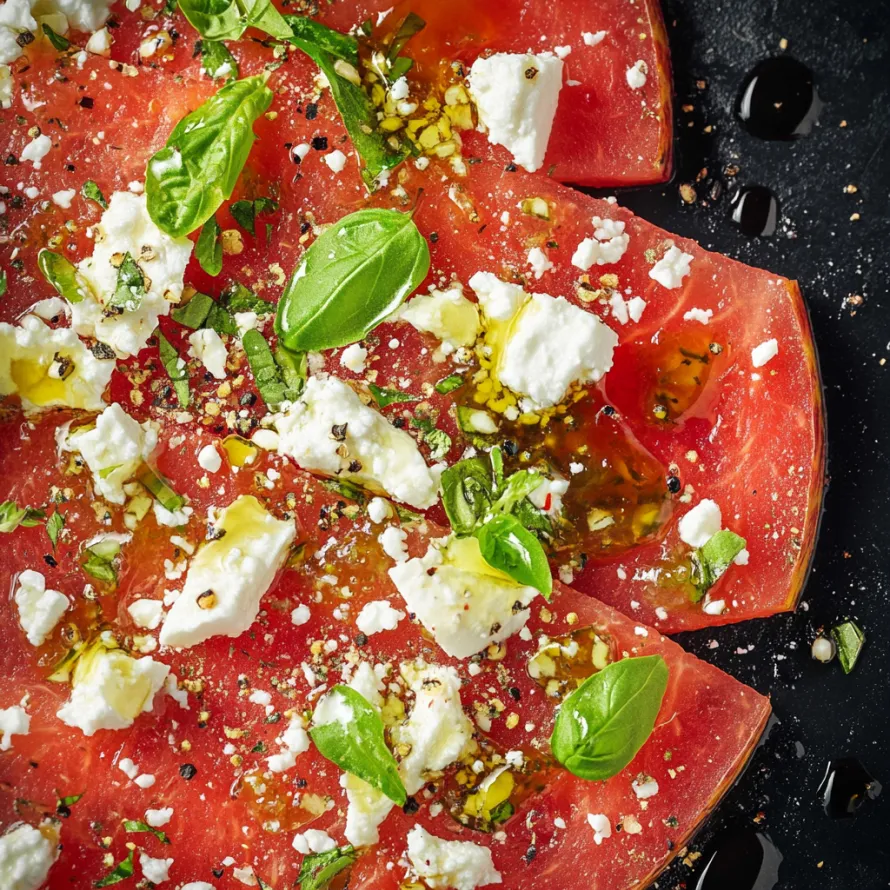 A slice of watermelon with feta cheese and basil.