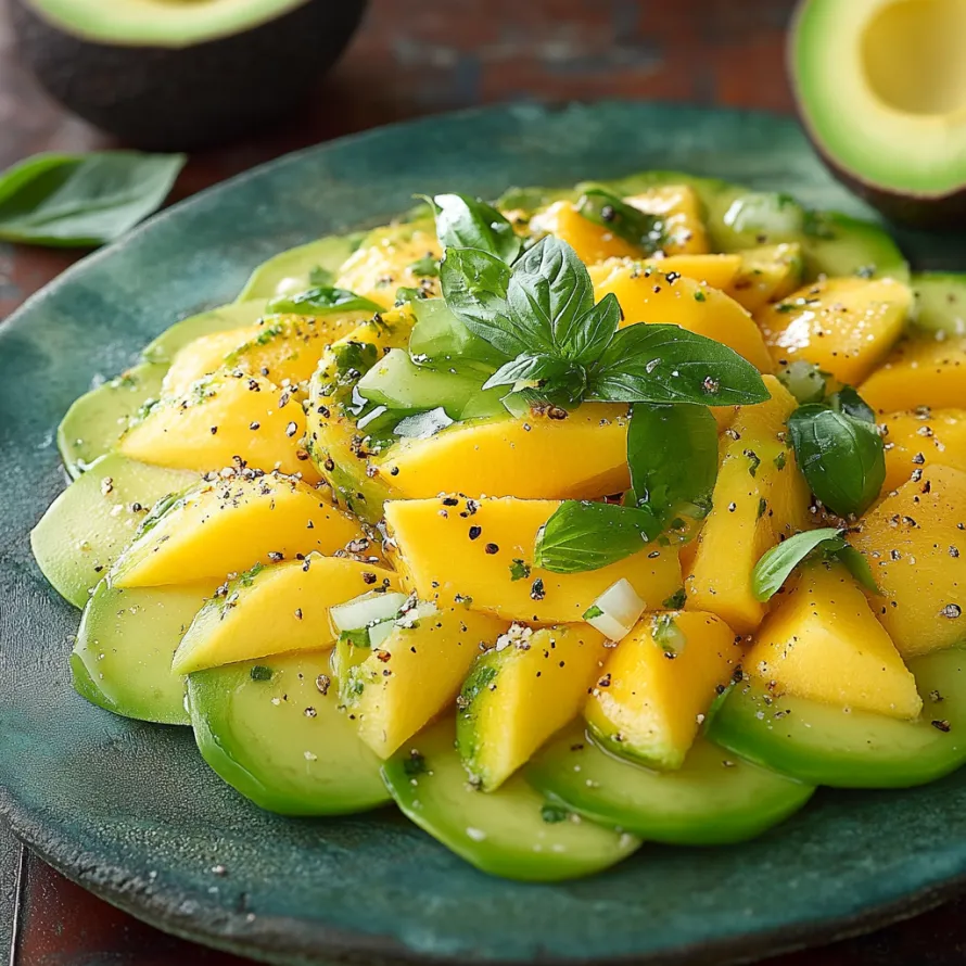 A plate of fruit with avocado and mint.