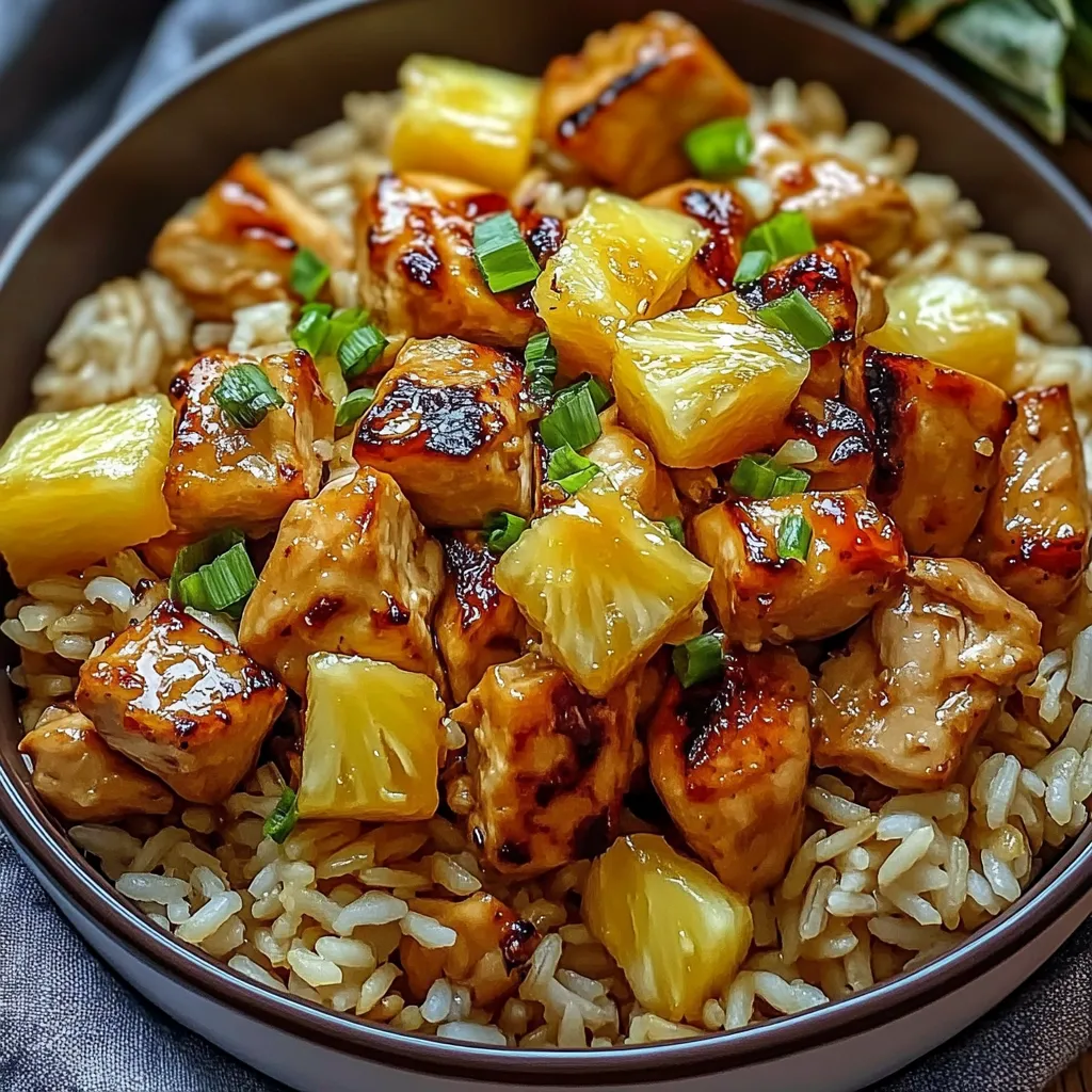 A bowl of rice with meat and pineapple.