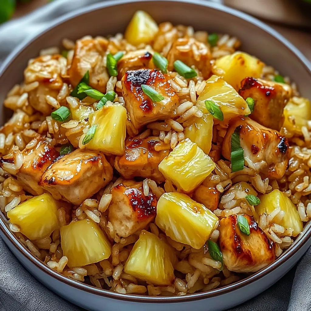A bowl of rice with chicken and pineapple.