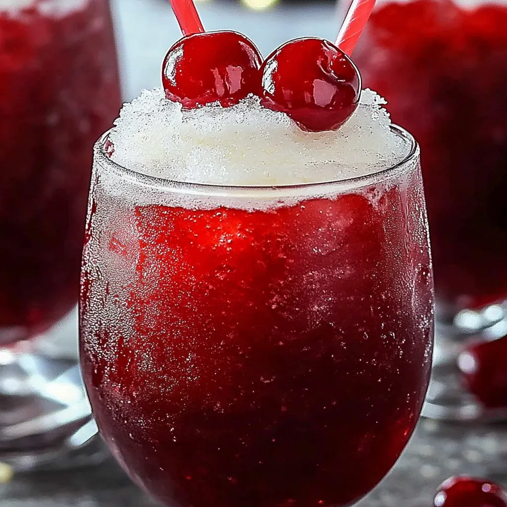 A glass of red drink with cherries on top.