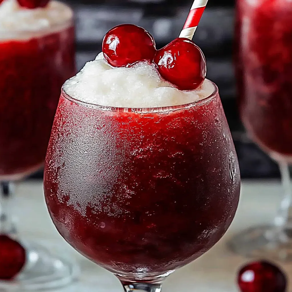 A glass of red drink with cherries on top.