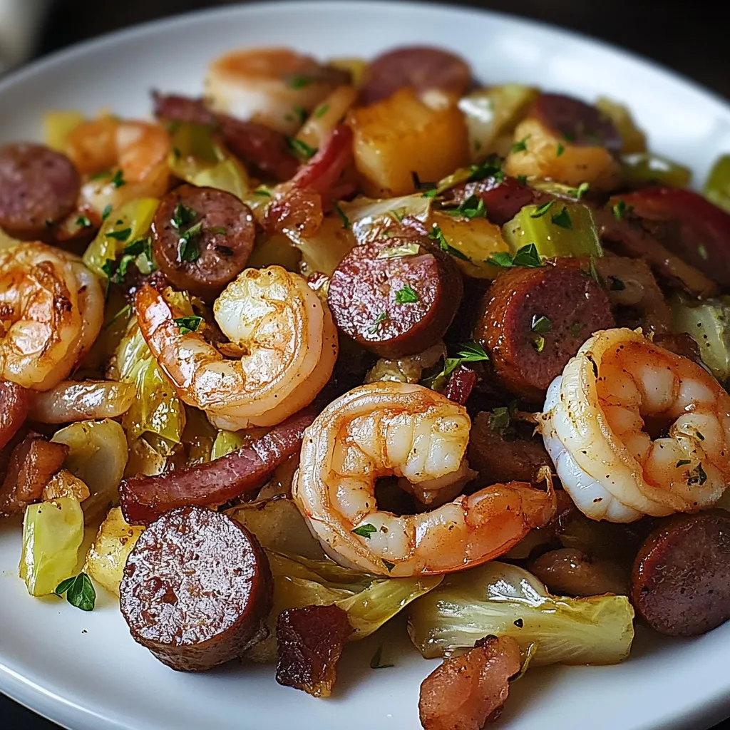 FRIED CABBAGE WITH SHRIMP, SAUSAGE & BACON