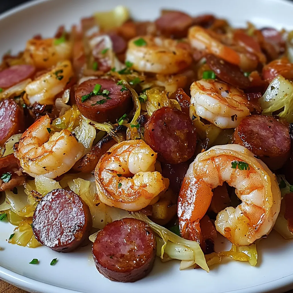 A plate of shrimp, sausage, and onions.