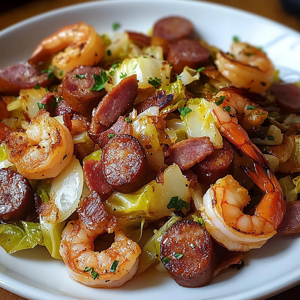 A plate of food with shrimp, sausage, and other vegetables.