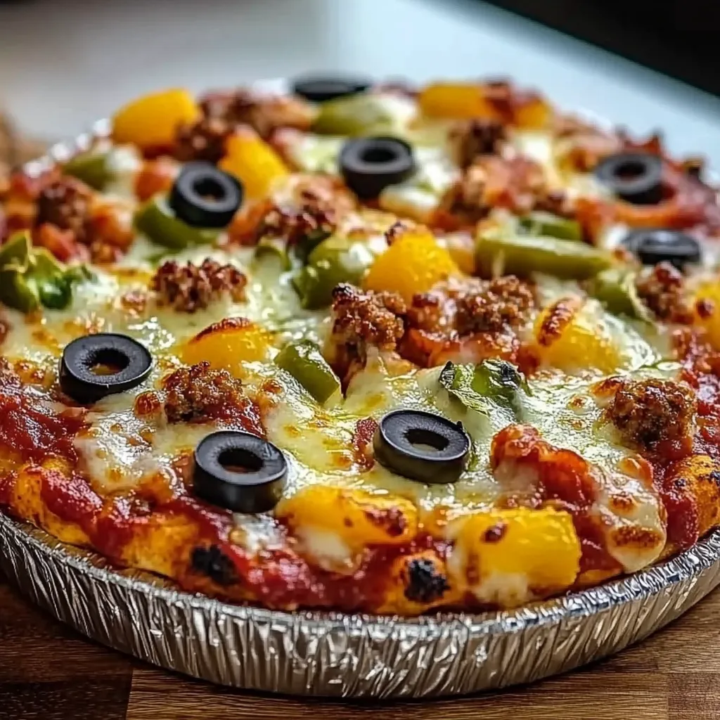 A pizza with olives and peppers on top.