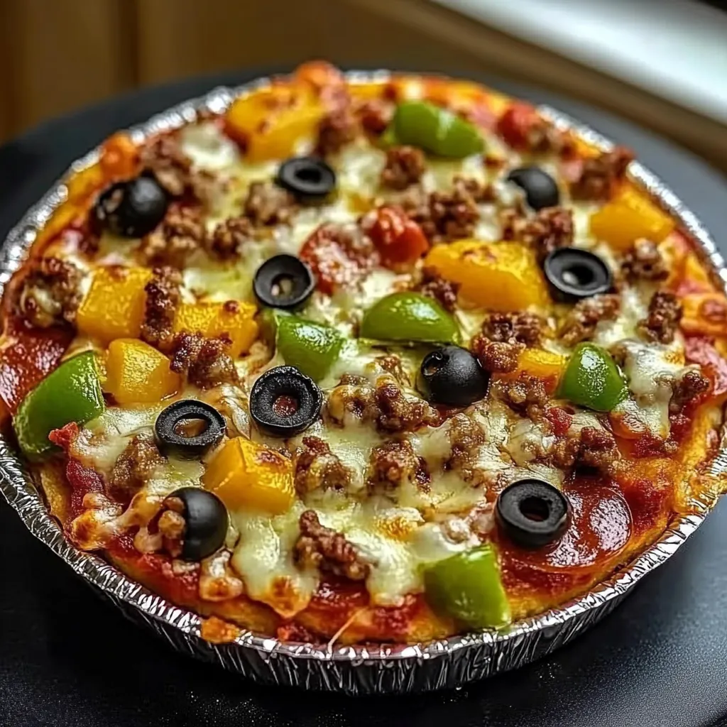 A pizza with olives, peppers and meat.