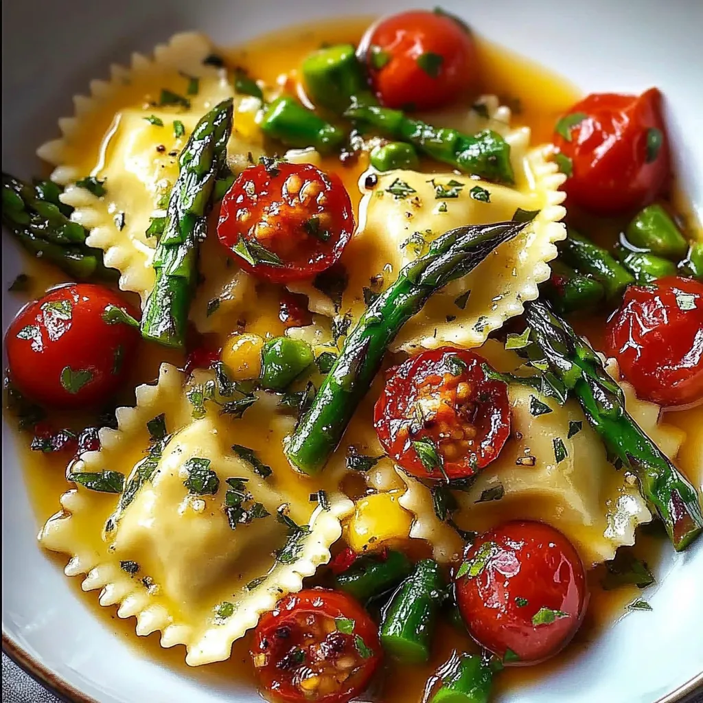 A plate of pasta with tomatoes and asparagus.