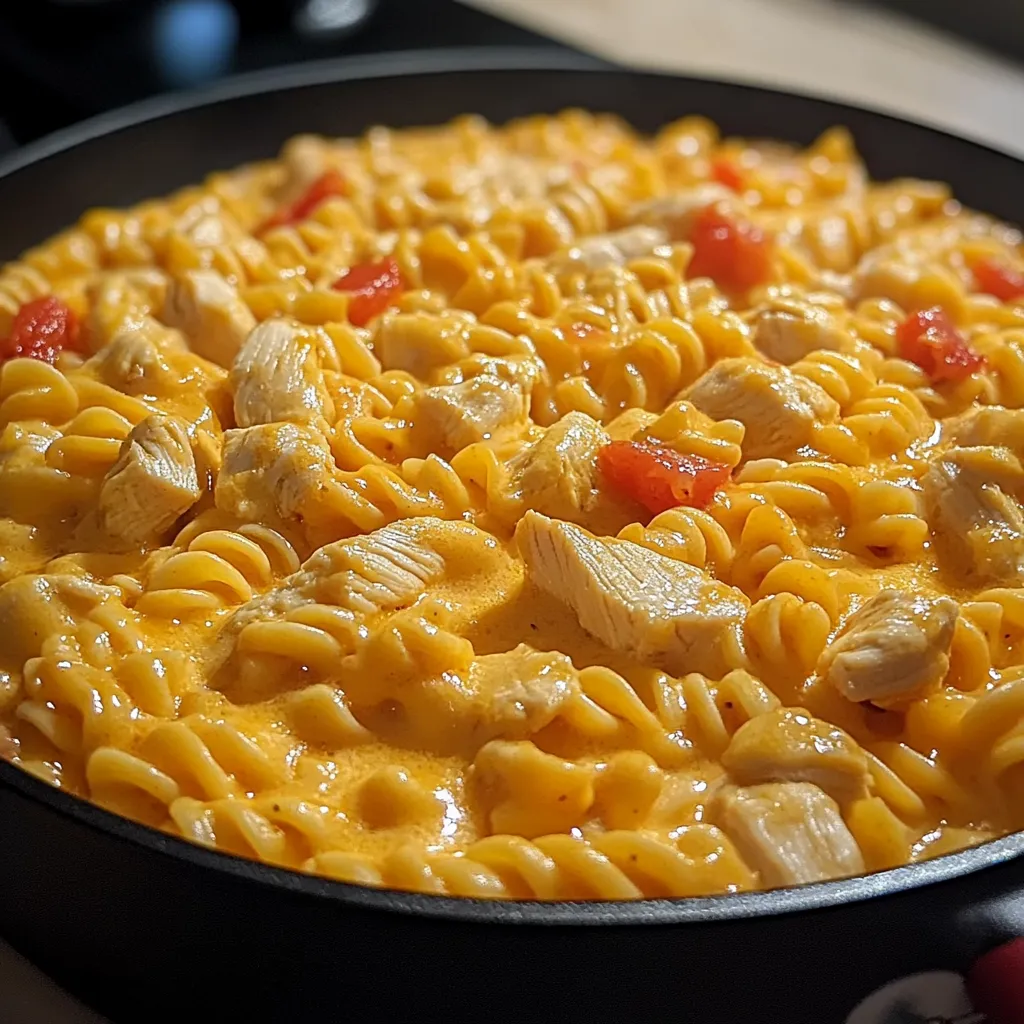 A pan of macaroni and cheese with chicken.