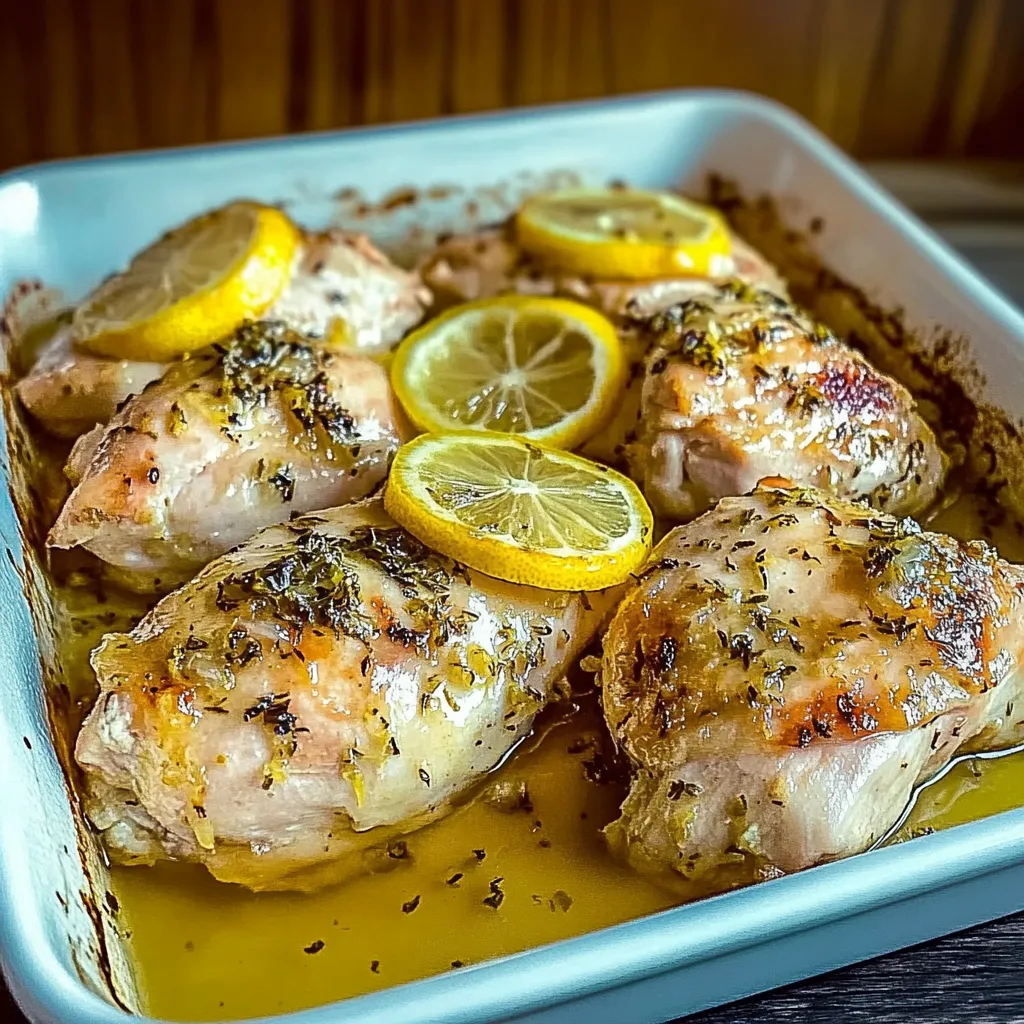 A dish of chicken with lemon slices on top.