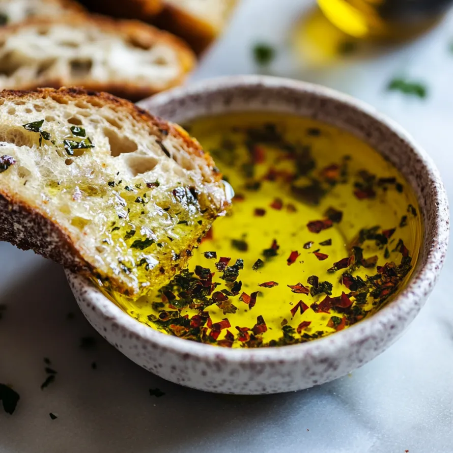 A bowl of oil with a bread slice on top.