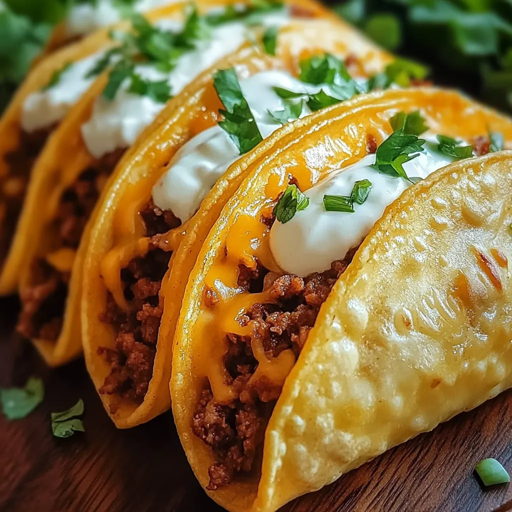 Three tacos with meat and cheese on a wooden table.