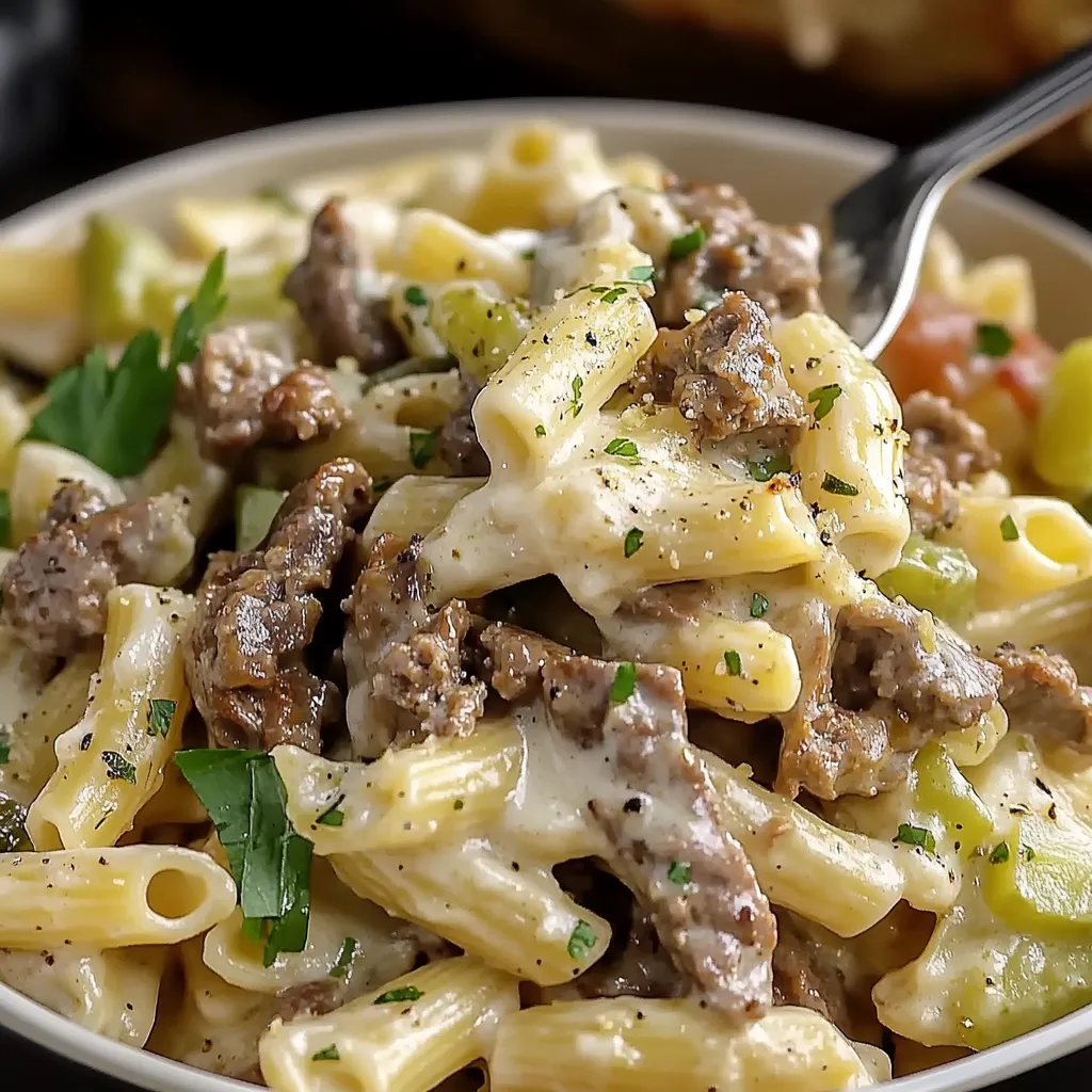 A bowl of pasta with meat and vegetables.
