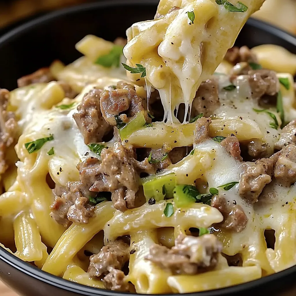 A bowl of pasta with cheese and meat.