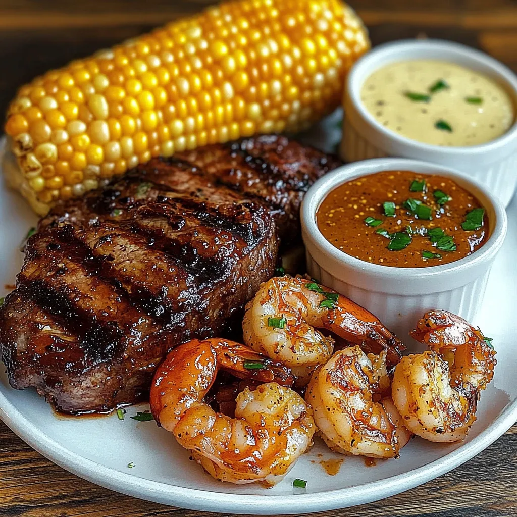 A plate of food with shrimp, corn, and sauce.