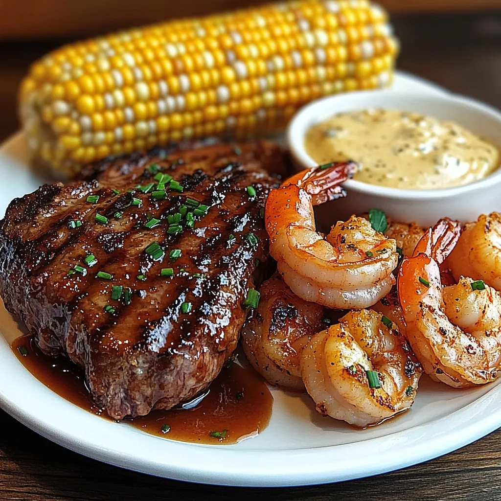 A plate of food with shrimp, corn, and sauce.