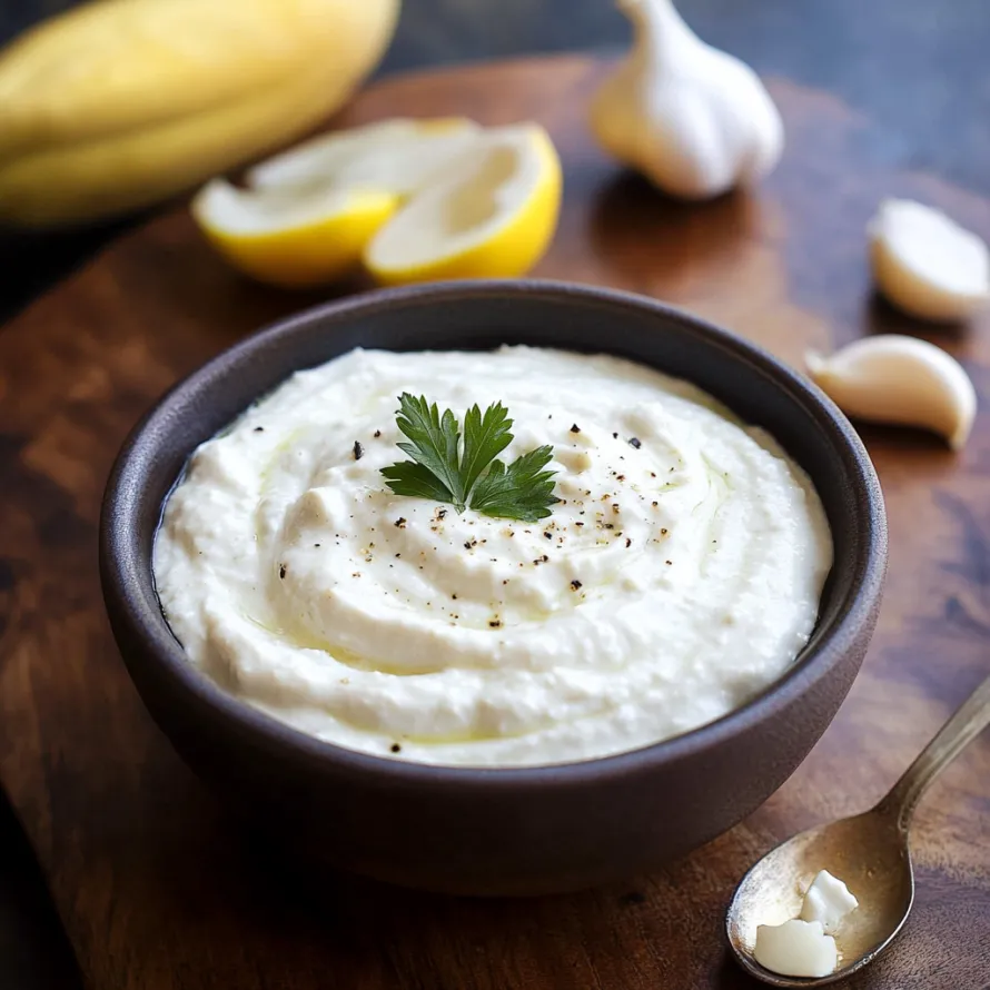 A bowl of dip with a spoon in it.