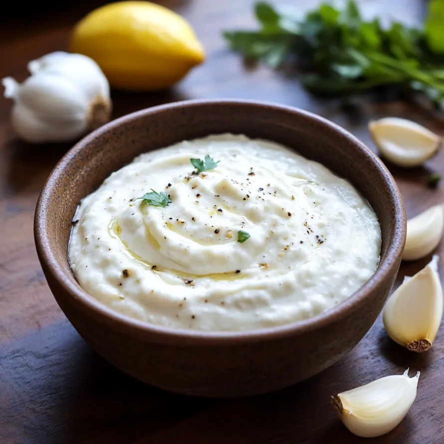 A bowl of dip with lemon wedges and garlic.
