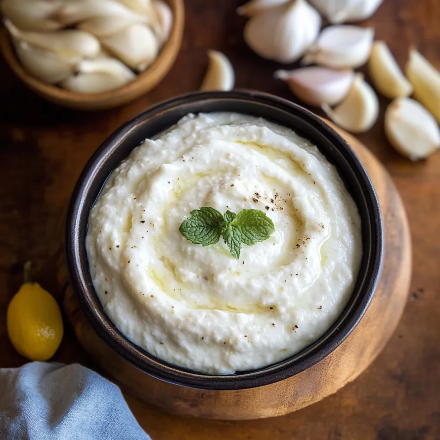 A bowl of white dip with a green leaf on top.