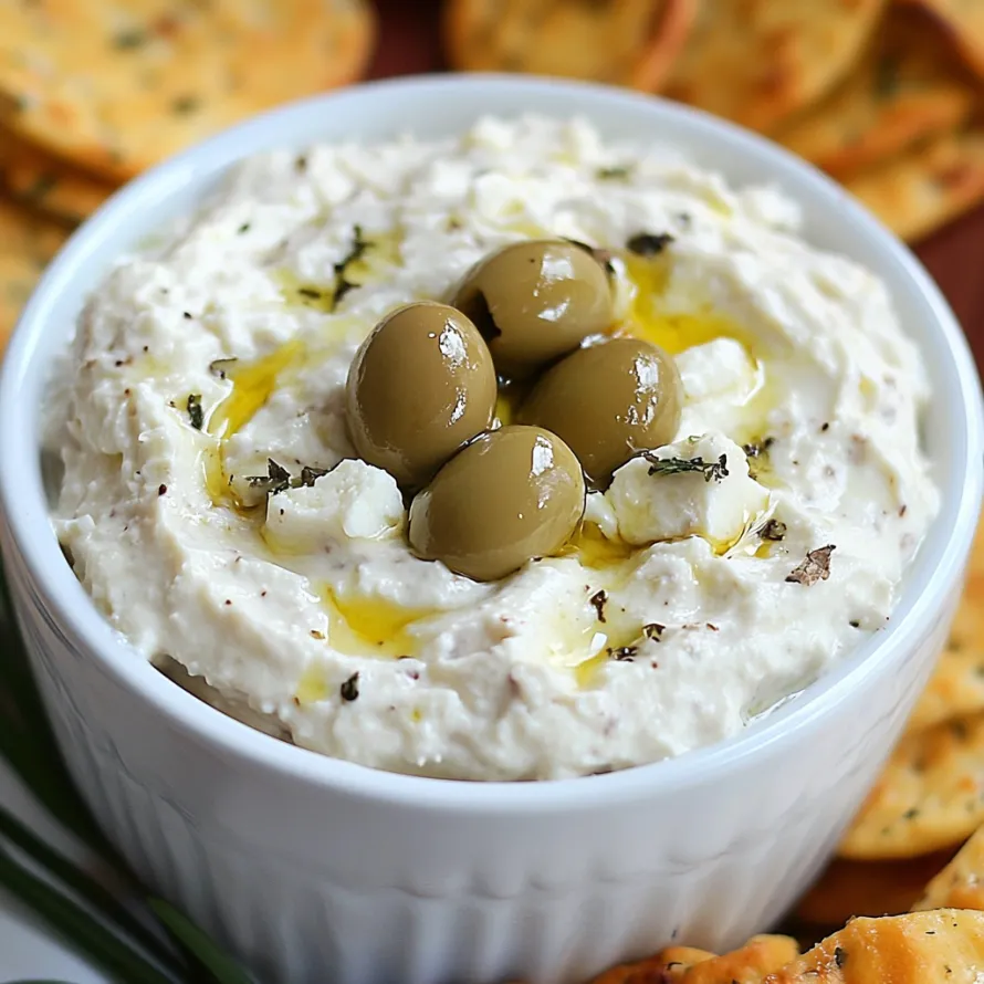 A white bowl with a dollop of white dip and a green olive on top.