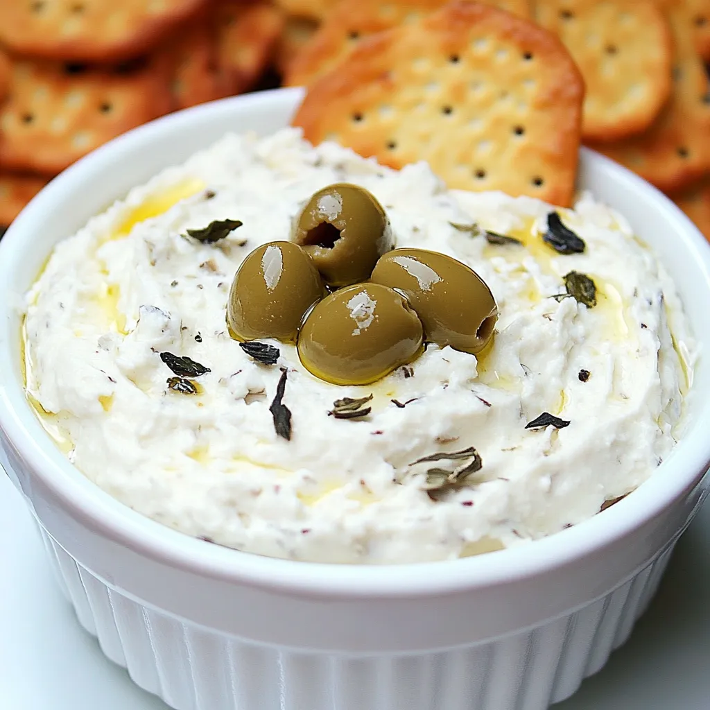 A white bowl of dip with olives on top.