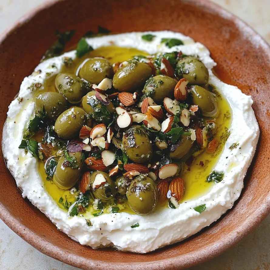 A bowl of food with olives and nuts.