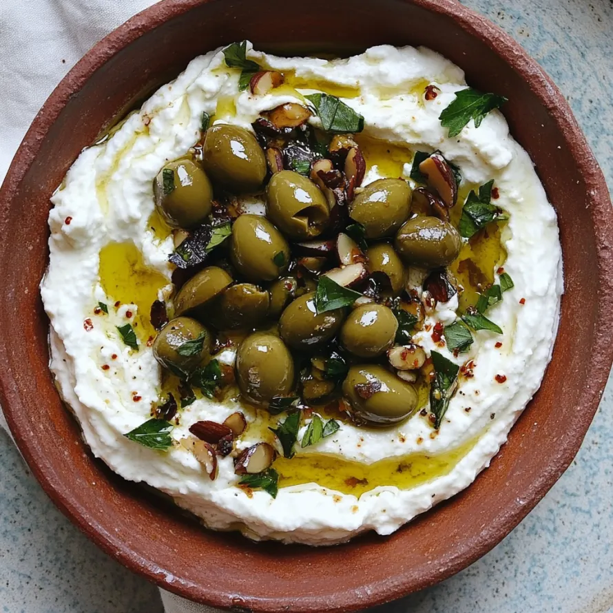 A bowl of food with olives and nuts.