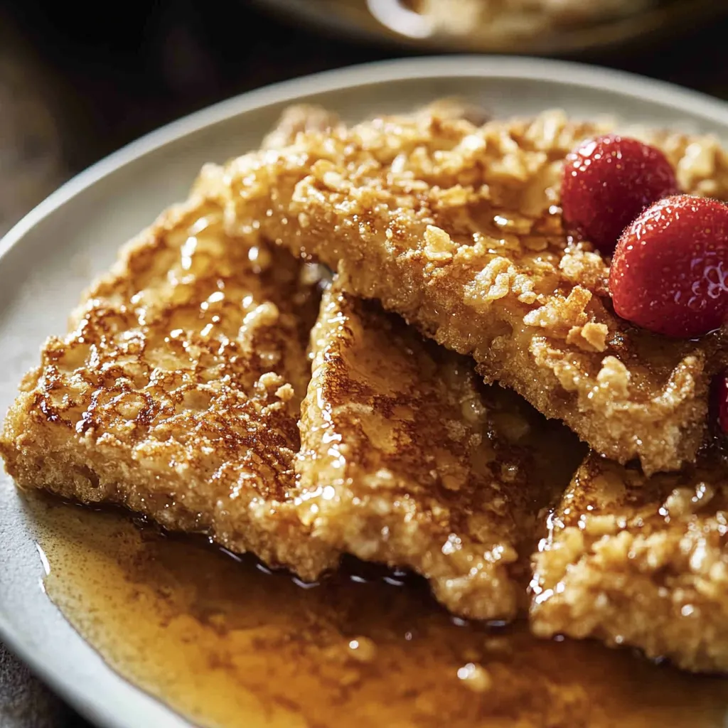 A plate of French toast with strawberries on top.
