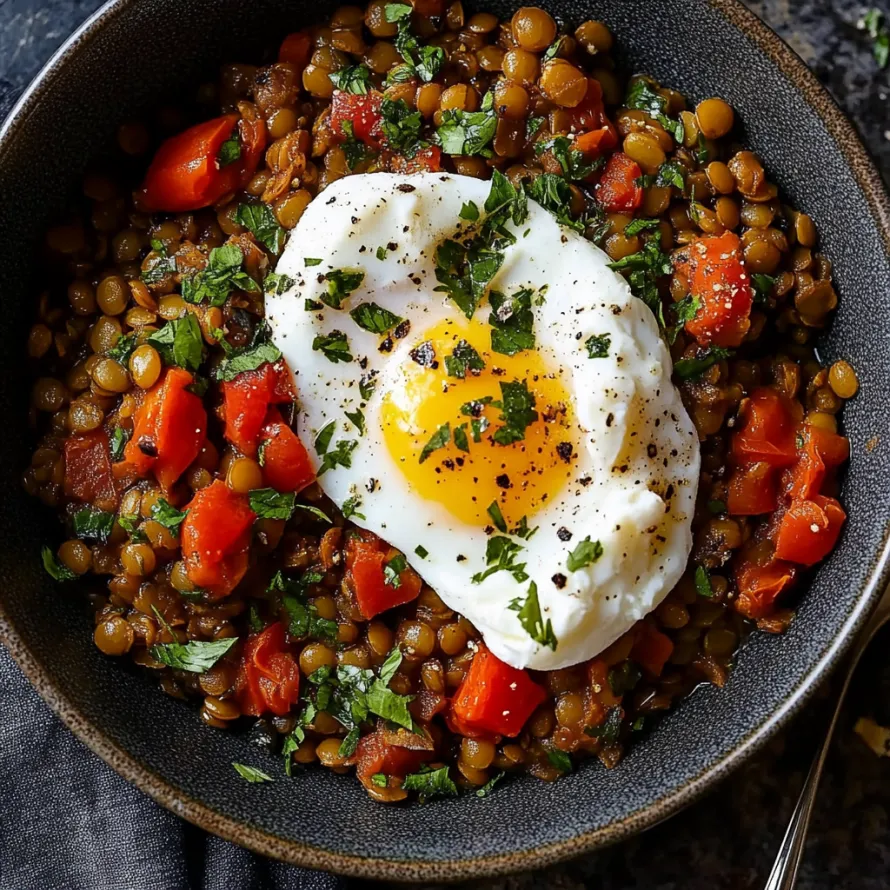 A bowl of beans with a fried egg on top.