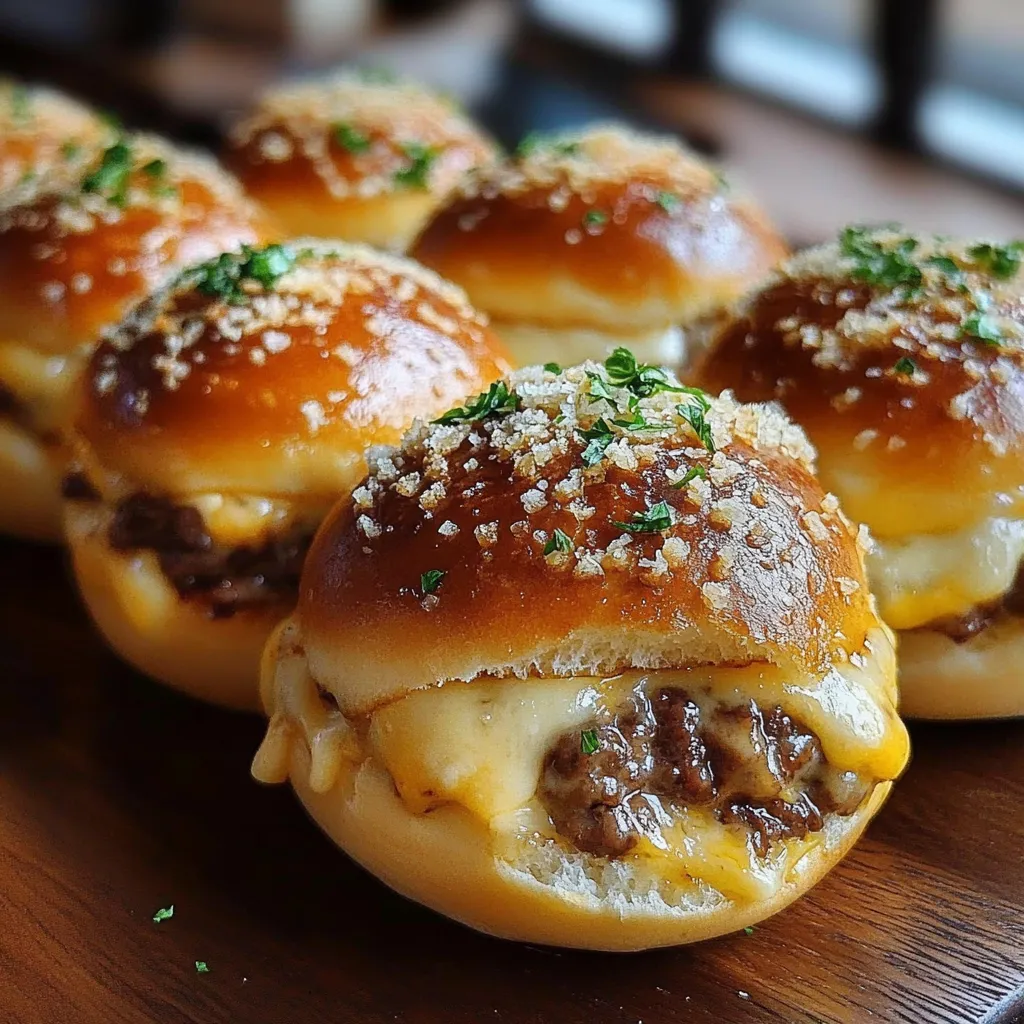 A plate of mini burgers with cheese.