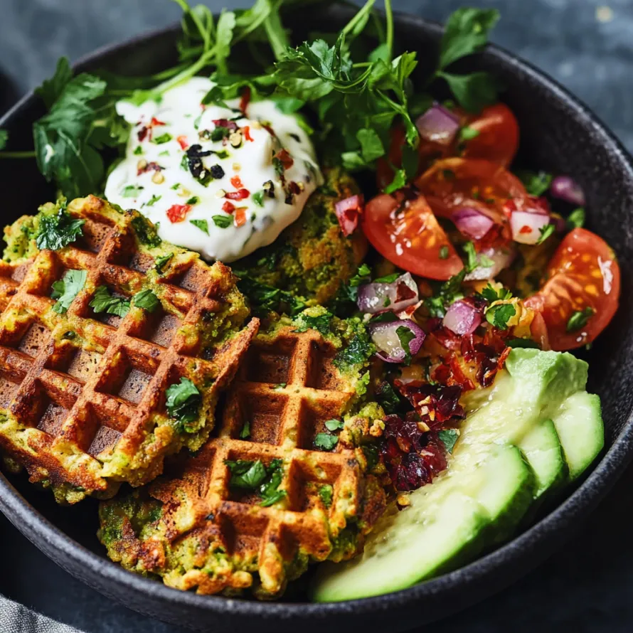 A bowl of food with a waffle, tomatoes, cucumbers, and onions.